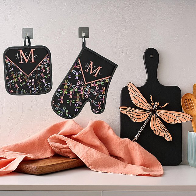 Colourful dragonflies personalised   oven mitt & pot holder set (Creator Uploaded)
