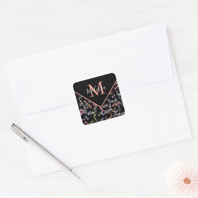 Colourful dragonflies personalised   square sticker (Envelope)