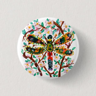 Colourful Dragonfly Among Cherry Blossoms 3 Cm Round Badge