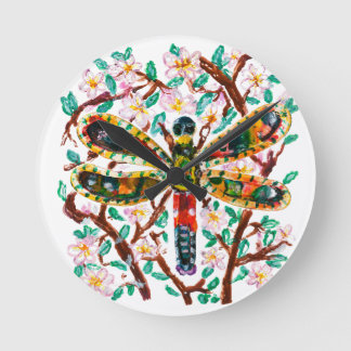Colourful Dragonfly Among Cherry Blossoms Round Clock