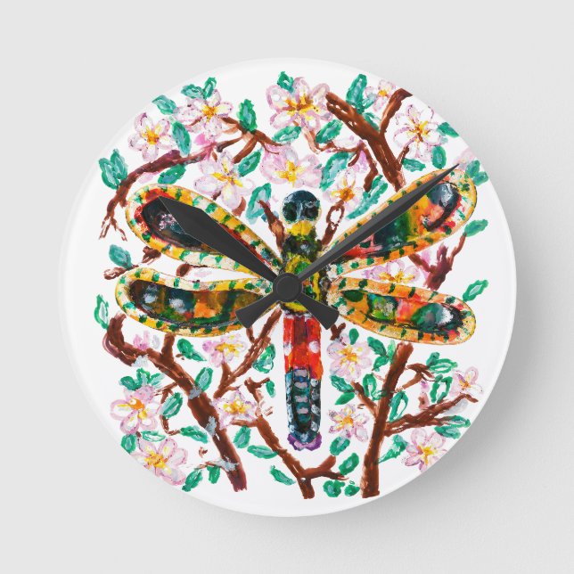 Colourful Dragonfly Among Cherry Blossoms Round Clock (Front)