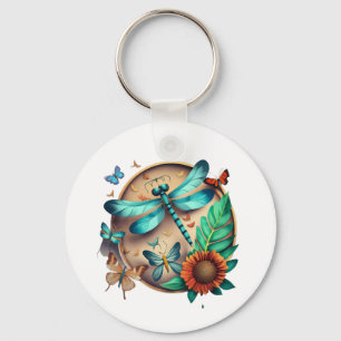 Colourful Dragonfly and Butterfly Floral Design Key Ring