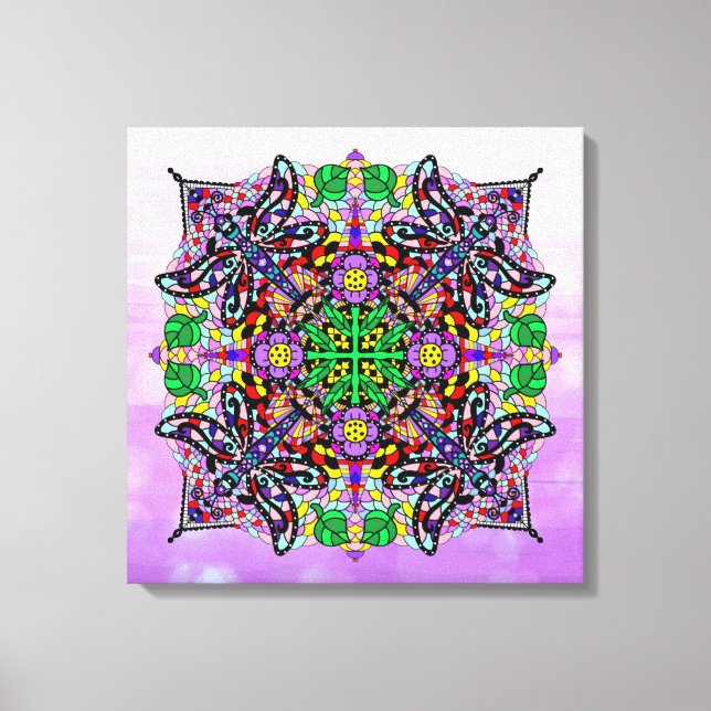 Colourful Dragonfly and Flowers Themed Mandala Art Canvas Print (Front)