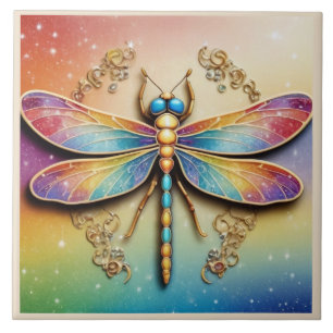 Colourful Dragonfly - Gold & Rainbow multicolor Tile