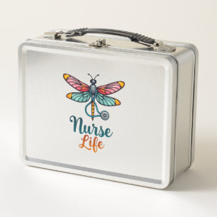 Colourful dragonfly Nurse life T-Shirt (2) Metal Lunch Box