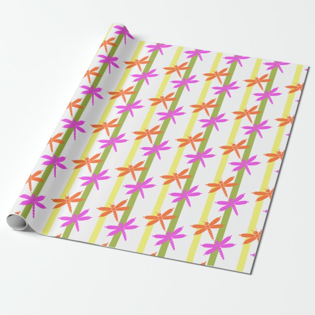 Colourful Dragonfly Pattern Bright Summer Stripe Wrapping Paper (Unrolled)