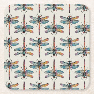 Colourful Dragonfly Pattern Square Paper Coaster