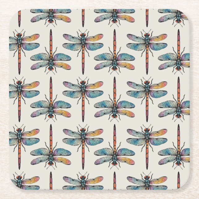 Colourful Dragonfly Pattern Square Paper Coaster (Front)