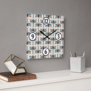 Colourful Dragonfly Pattern Square Wall Clock