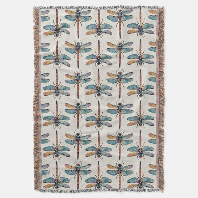Colourful Dragonfly Pattern Throw Blanket (Front Vertical)