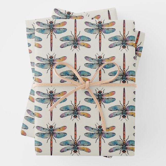 Colourful Dragonfly Pattern Wrapping Paper Sheet (In situ)