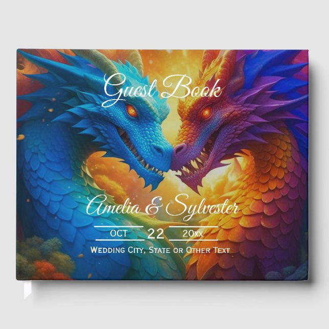 Colourful Dragons in Love Blue Wedding Guest Book (Front)