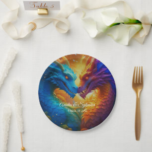 Colourful Dragons in Love Paper Plate