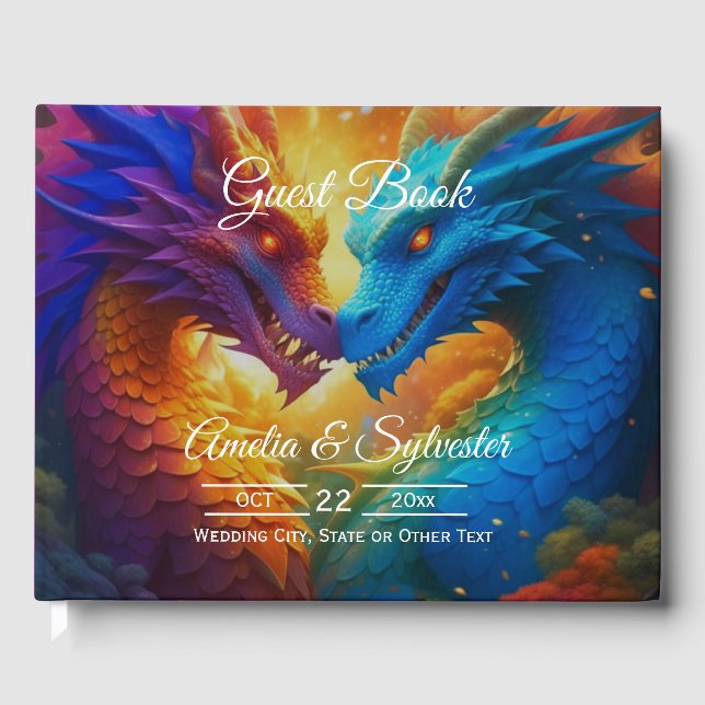 Colourful Dragons in Love Purple Wedding Guest Boo Guest Book (Front)
