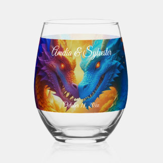 Colourful Dragons in Love Stemless Wine Glass