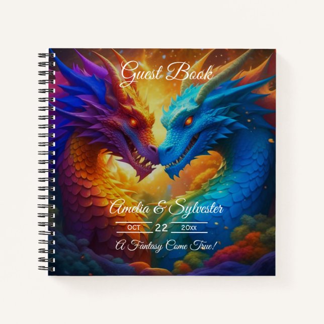 Colourful Dragons in Love Wedding Guest Book (Front)