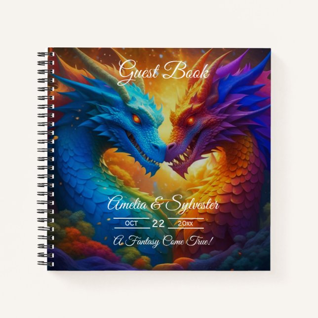 Colourful Dragons in Love Wedding Guest Book (Front)