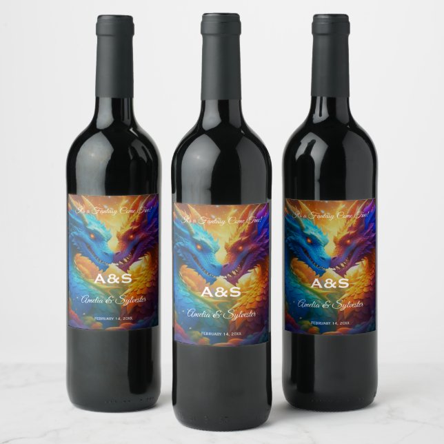Colourful Dragons in Love Wedding Wine Label (Bottles)