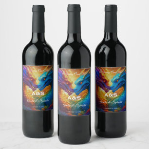 Colourful Dragons in Love Wedding Wine Label