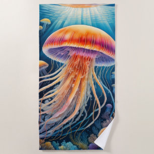 Colourful Drawing of Jelly Fish Beach Towel