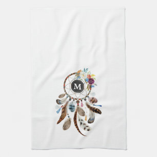 Colourful Dreamcatcher flowers and feathers Tea Towel