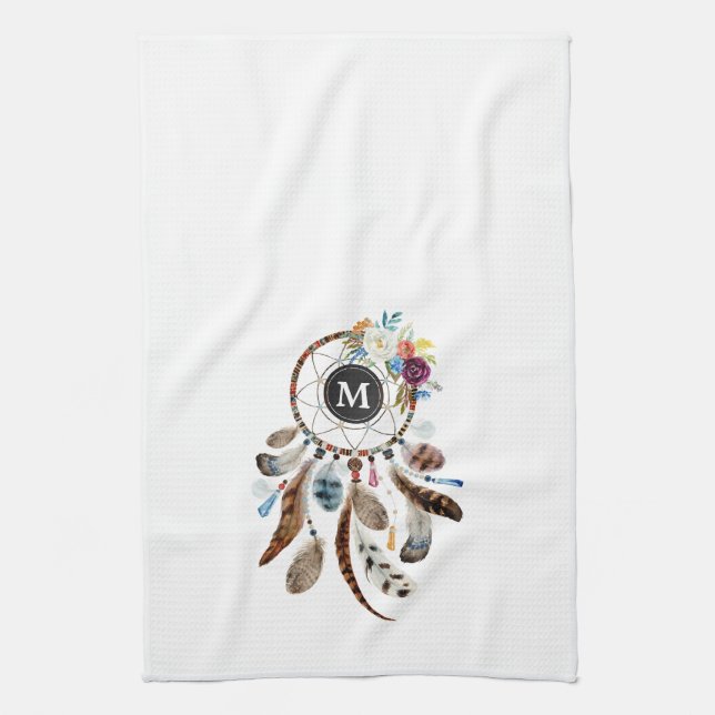 Colourful Dreamcatcher flowers and feathers Tea Towel (Vertical)