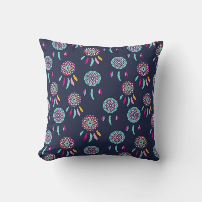 Colourful Dreamcatchers Dark Blue Cushion (Front)