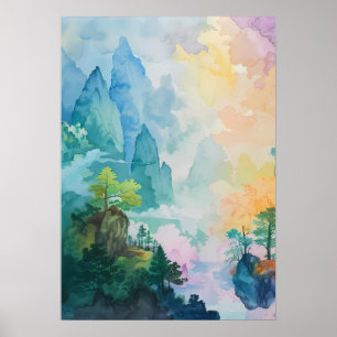 Colourful Dreamscape with Trees and Mountains Poster