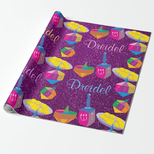 Colourful Dreidels Purple Faux Glitter Hanukkah Wrapping Paper (Unrolled)