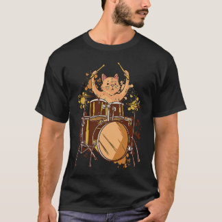 Colourful Drummer Cat MusicRealistic Cat Playing D T-Shirt