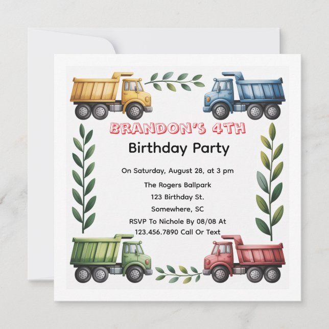 Colourful Dump Trucks 4th. Birthday Party Invitation (Front)