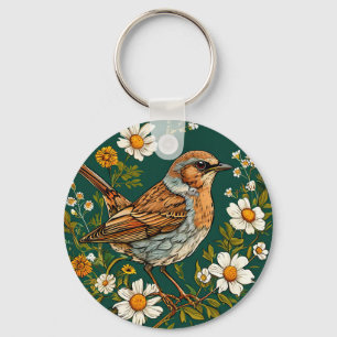 Colourful Dunnock Bird Amid Blooming Flowers Key Ring