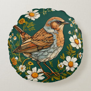 Colourful Dunnock Bird Amid Blooming Flowers Round Cushion