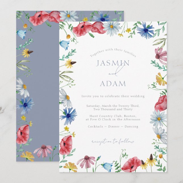 Colourful Dusty Blue Wildflower Monogram Wedding Invitation (Front/Back)