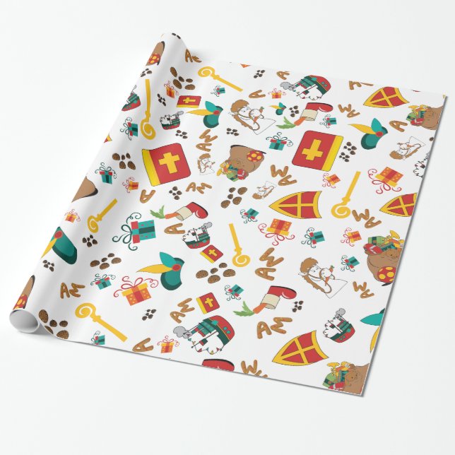 Colourful Dutch Holiday Sinterklaas Design Wrapping Paper (Unrolled)