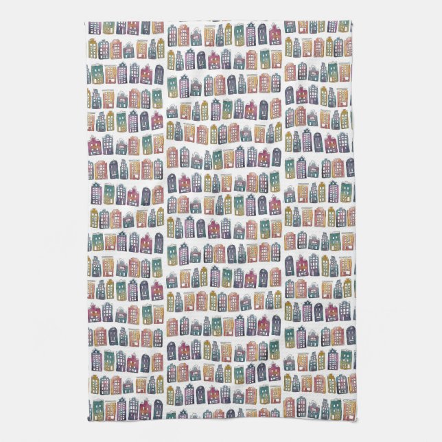 Colourful Dutch Houses Amsterdam City Pattern Tea Towel (Vertical)