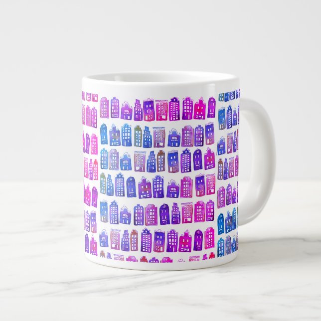 Colourful Dutch Houses Amsterdam Pattern Purple Bl Large Coffee Mug (Front Right)