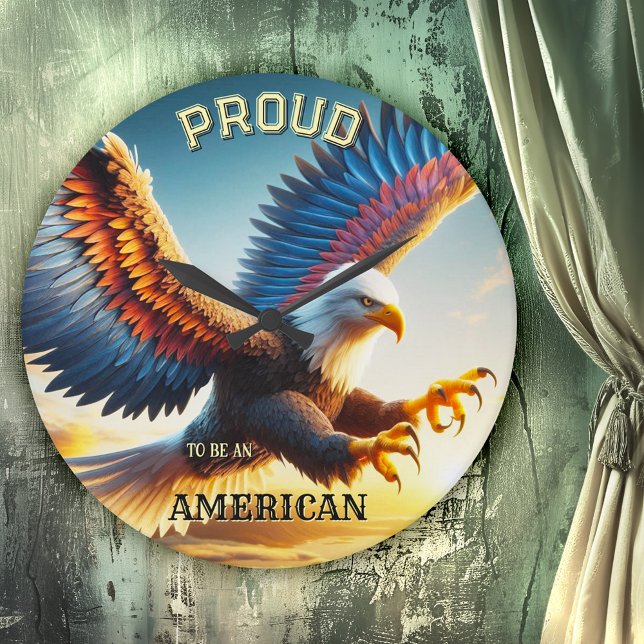Colourful Eagle Classic Patriot Wall Clock (Wall clock featuring a colorful painting of a landing bald eagle with spread wings - USA patriots)