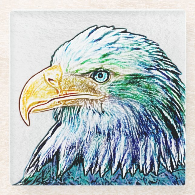 Colourful Eagle Sketch Glass Coaster (Front)