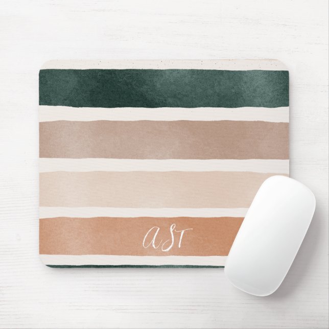 Colourful earth tone stripes monogram initial beig mouse mat (With Mouse)