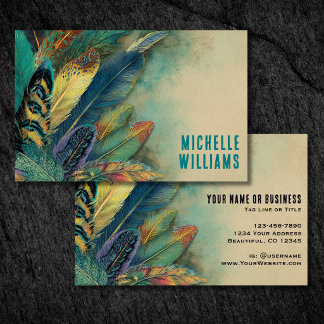 Colourful Earthy Boho Feathers | Turquoise Teal Business Card