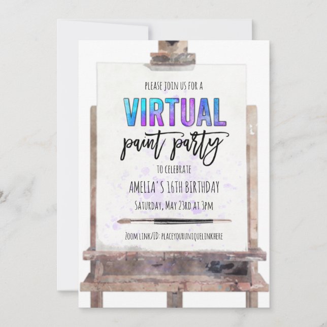 Colourful Easel Virtual Paint Party 16th Birthday Invitation (Front)