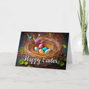 Colourful Easter Basket Filled With Eggs Holiday Card