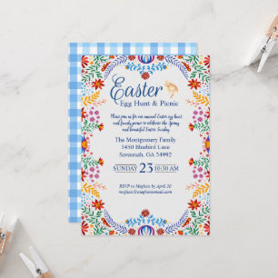 Colourful Easter Blue Gingham Egg Hunt Invitation