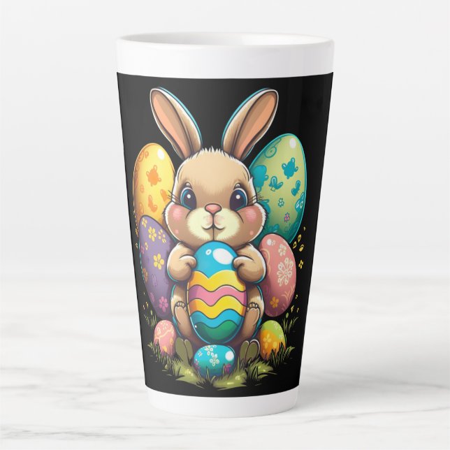 Colourful Easter Bunny Holding Decorated Eggs Latte Mug (Front)