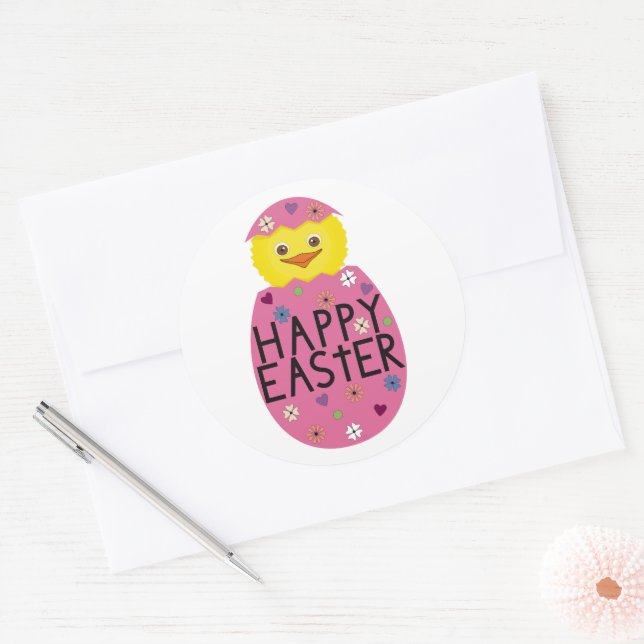 Colourful Easter Chick in Painted Egg Classic Round Sticker (Envelope)