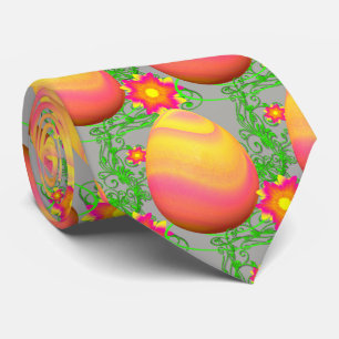 Colourful Easter Egg And Flowers On Grey Tie