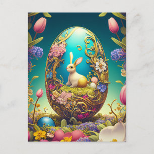 Colourful Easter Egg, Bunny and Spring Flowers Postcard