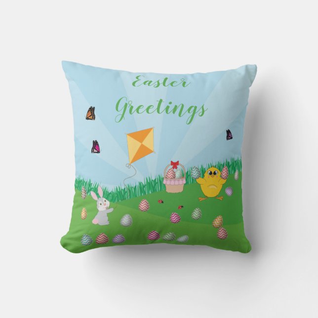 Colourful Easter Egg Hunt Bunny Chick  Cushion (Front)