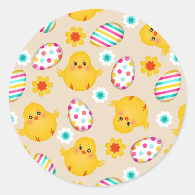 Colourful Easter Eggs and Chicks Pattern Classic Round Sticker (Front)